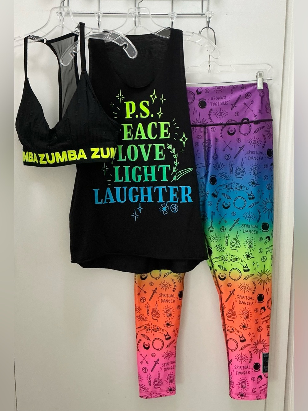 Zumba Neon Slogan Tank, Bra, & Bright Print Leggings Set
